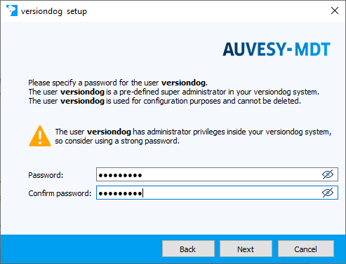 Installationsassistent, Angabe Passwort für versiondog