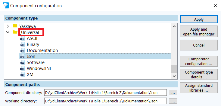 Dialog Eigenschaften der Komponente, Komponente Json