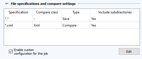 Job configuration, section file specifications and comparator settings