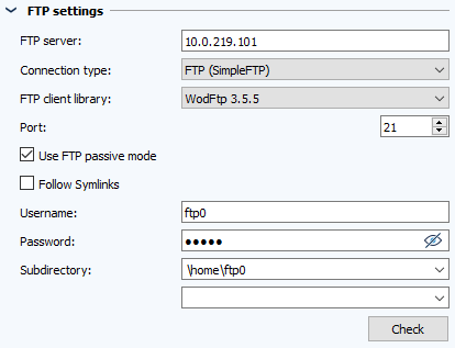 Configuración de tareas, Sección Configuraciones FTP