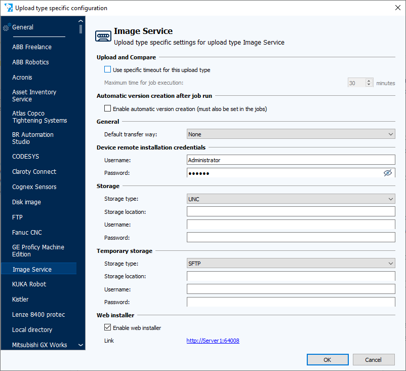 Ventana de diálogo Configuraciones específicas al tipo de carga, Pestaña AUVESY Image Service