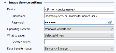 Configuración de la tarea, Sección Configuraciones de Image Service: